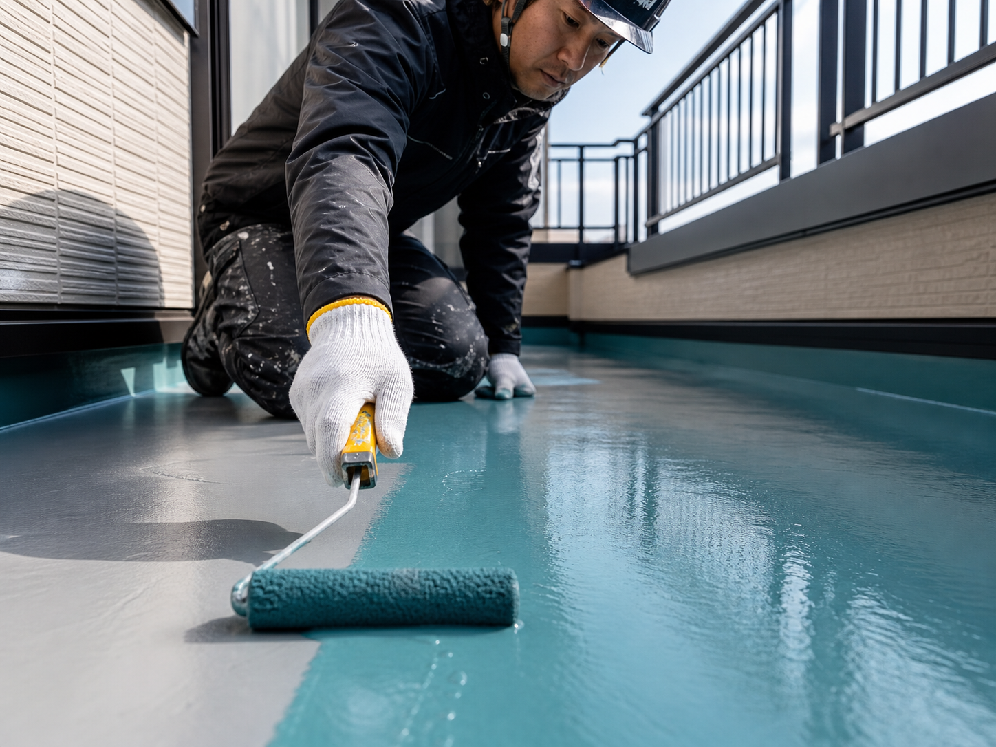 住宅のベランダに防水塗装を施す職人